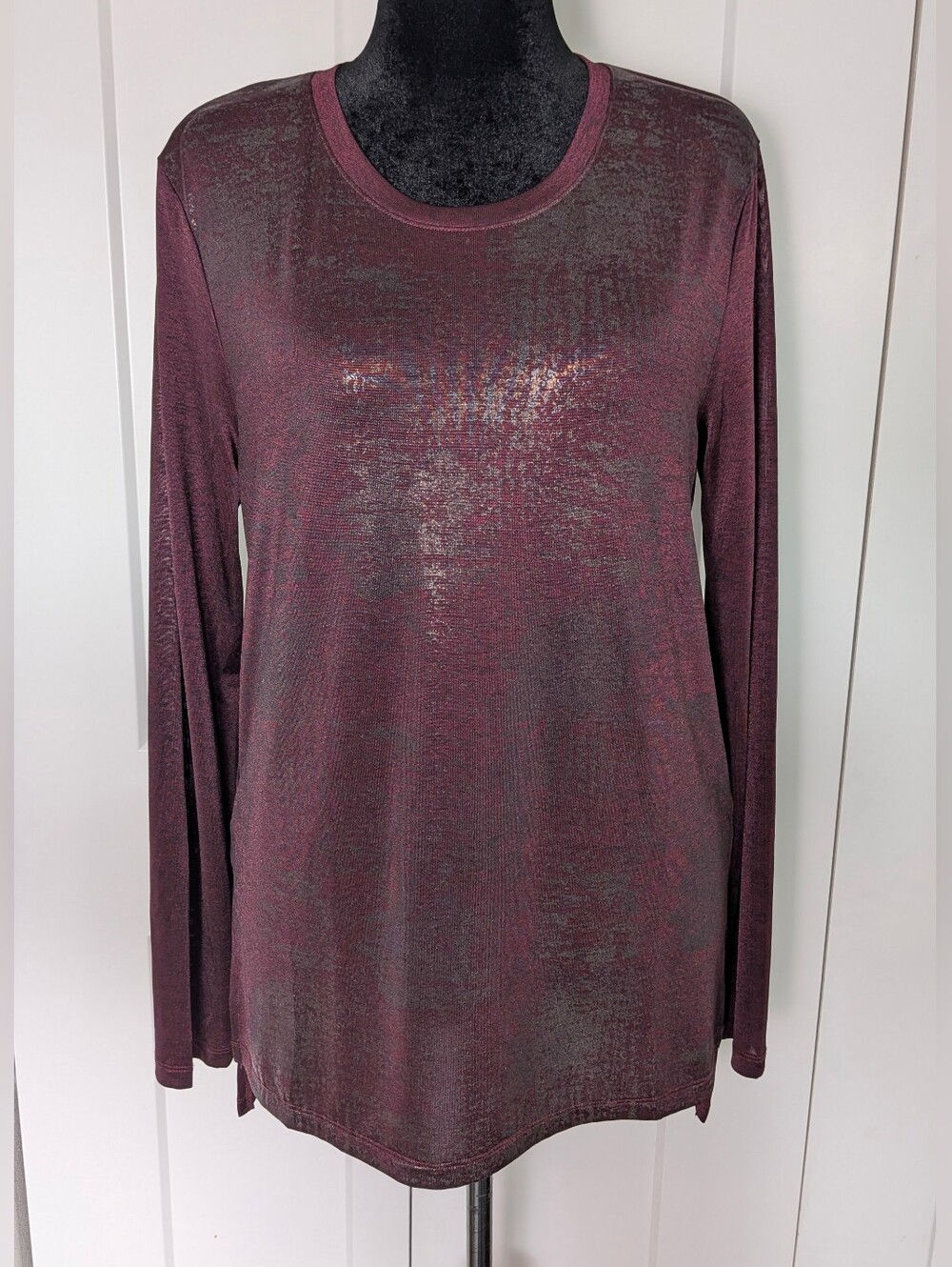Tahari Womens Burgundy Metallic Knit Stretch Pullover Round Neck Top Sz L euc